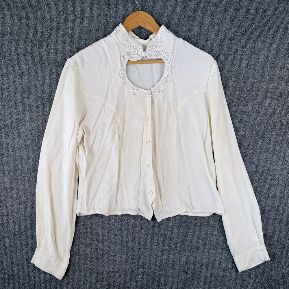 VTG Long Sleeve Blouse Womens L Lace Heart Cutout Prairie Victorian Rayon 70s